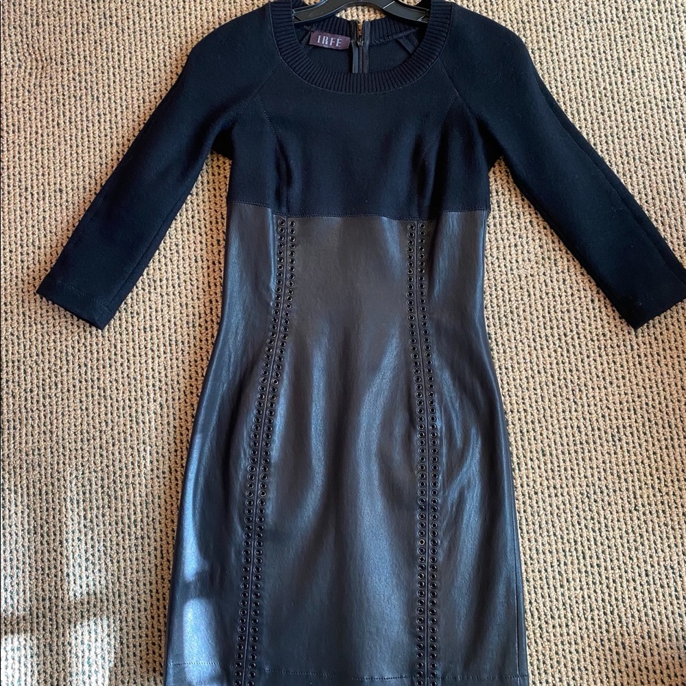 IRFE Black leather and wool mini dress
